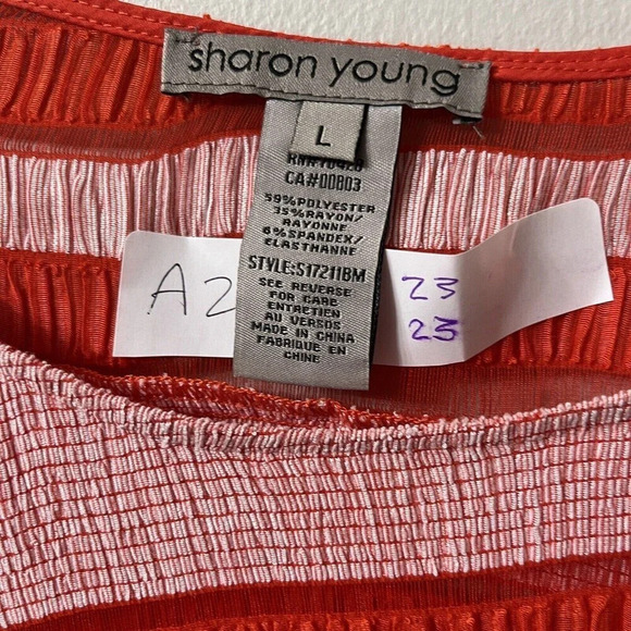 Sharon Young Womens Red Striped Top Large Long Sleeve Relaxed Crinkle - Picture 2 of 8